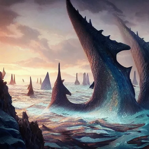 Prompt: “a marine preserve for Icelandic sea monsters, fins sticking out of water, Magic the Gathering, D&D, fantasy, intricate, cinematic lighting, highly detailed, digital painting, artstation, concept art, smooth, sharp focus, illustration, art by Artgerm and Greg Rutkowski and Alphonse Mucha”