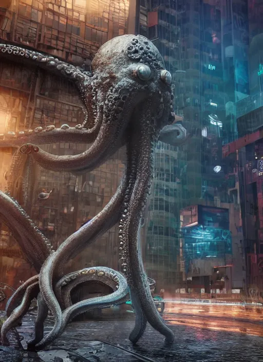 Image similar to hyperrealism, detailed textures, photorealistic 3 d cyberpunk octopus in apocalyptic city, futuristic clothing and helmet, ultra realistic, cinematic, intricate, cinematic light, unreal engine 8 k