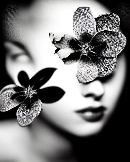 Prompt: black and white dreamy spiritual flower - fish - cyborg high quality portrait photo, microchip leaves, artificial intelligence, cinematic, rim light, photo - realistic, elegant, high detail, 8 k, masterpiece, high fashion