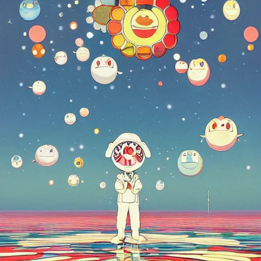 Image similar to a man walking on water under the stars by takashi murakami, beeple and james jean, aya takano color style, 4 k, super detailed