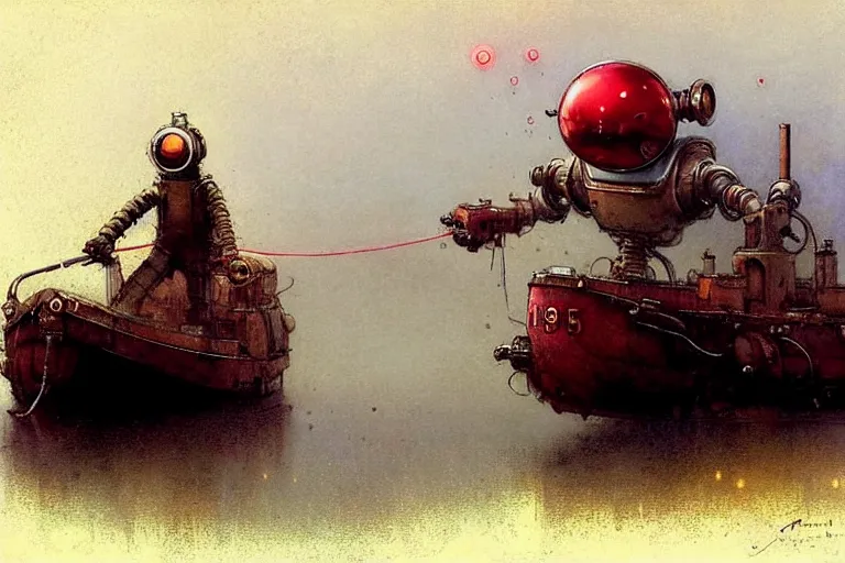 Image similar to adventurer ( ( ( ( ( 1 9 5 0 s retro future robot android mouse large house boa rvt tug boat calm stream. muted colors. ) ) ) ) ) by jean baptiste monge!!!!!!!!!!!!!!!!!!!!!!!!! chrome red