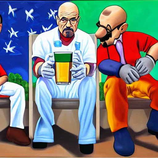 Image similar to mario, walter white, and obama sharing a brew together, oil painting