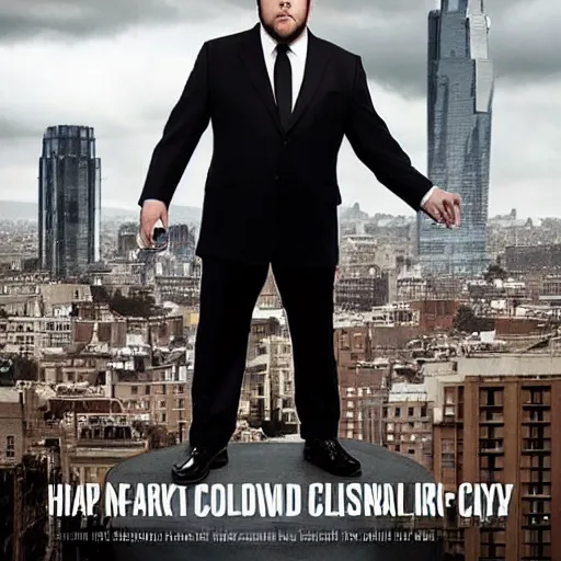 Image similar to Jon Favreau as clean-shaven Happy Hogan wearing a black suit and black necktie and black dress shoes is climbing a tall building in an urban city. The sky is filled with dark clouds and the mood is ominous.