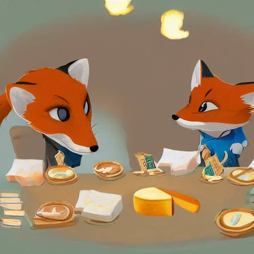 Prompt: foxes judging a cheese competition, furry, cute, disney concept art, pixar, artstation, detailed, award winning, dramatic lighting, cheese, fox, cheese competition, cheese contest