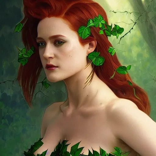 Image similar to full figure ultra realistic illustration, evan rachel wood as poison ivy, intricate, elegant, highly detailed, digital painting, artstation, concept art, smooth, sharp focus, illustration, art by artgerm and greg rutkowski and alphonse mucha