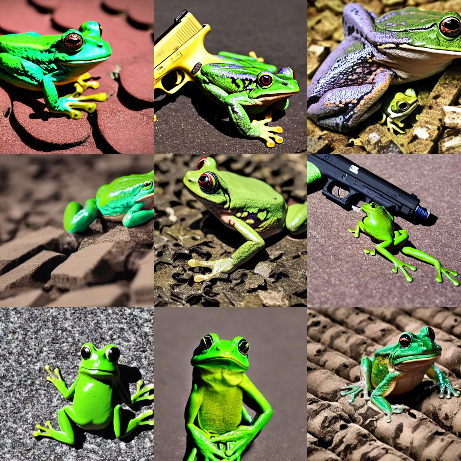 Prompt: Frog sitting on a pile of Glock-17s