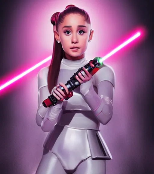 Image similar to A hyper realistic photo of Ariana Grande in the Star Wars universe with two pink lightsabers held in each hand. Maximum detail on artstation, photo realism, vivd details, vivd colour