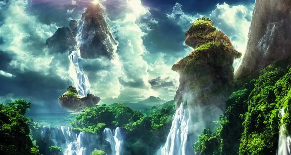 Image similar to A magnificent floating island in the sky above the sea, defying gravity, floating and flying island, waterfall, epic lighting, epic composition, highly detailed