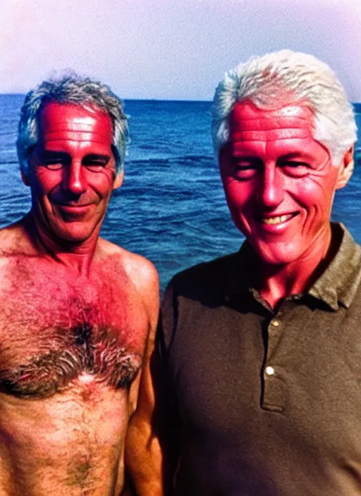 Prompt: polaroid of jeffrey epstein and bill clinton on an island