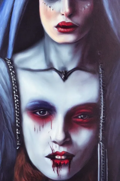 Image similar to hyperrealism oil painting, close - up portrait of european medieval brunette vampire fashion model, knight, steel gradient mixed with nebula sky, in style of baroque