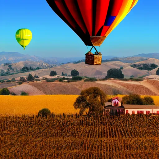 Prompt: hot air balloon soaring over wine country california landscape detailed matte painting 4 k