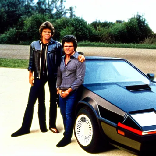 Image similar to a photo taken on the set of the tv show knight rider in 1 9 8 2, showing kitt the car from the series with michael knight posing in front