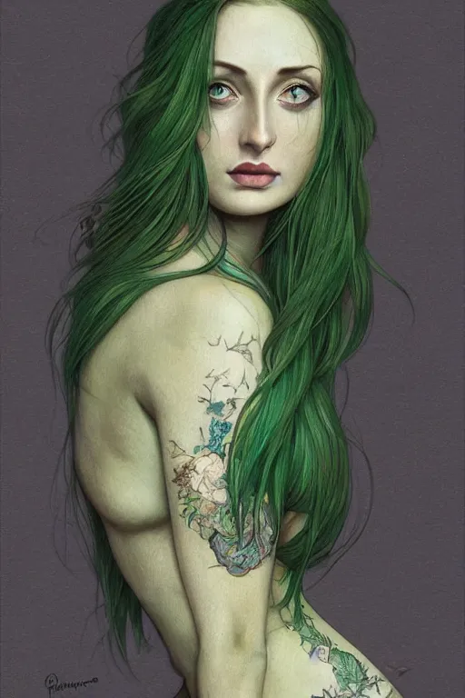 Image similar to upper body portrait shot of green hair tattooed pinup sophie turner, masterpiece, intricate, elegant, highly detailed, digital painting, artstation, concept art, smooth, sharp focus, illustration, art by artgerm and greg rutkowski and alphonse mucha and uang guangjian and gil elvgren and sachin teng, symmetry!!