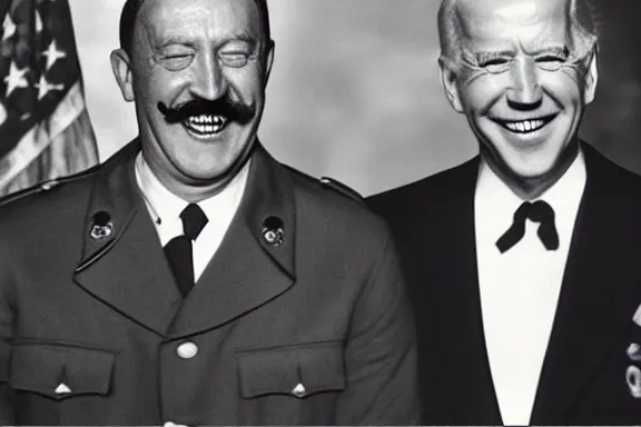 Image similar to “ very very intricate photorealistic photo of hitler and joe biden laughing together, detailed natural lighting, award - winning crisp details ”