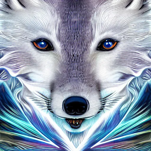 Image similar to surrealistic arctic fox bring fire and destruction to the world photorealistic symmetrical detailed fractal