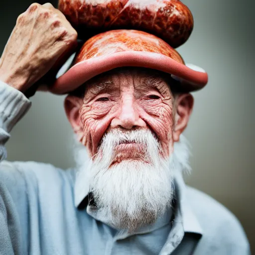 Image similar to Profile portrait of an elderly man with sausage growing from his ear, Canon EOS R3, f/1.4, ISO 200, 1/160s, 8K, RAW, unedited, symmetrical balance, in-frame