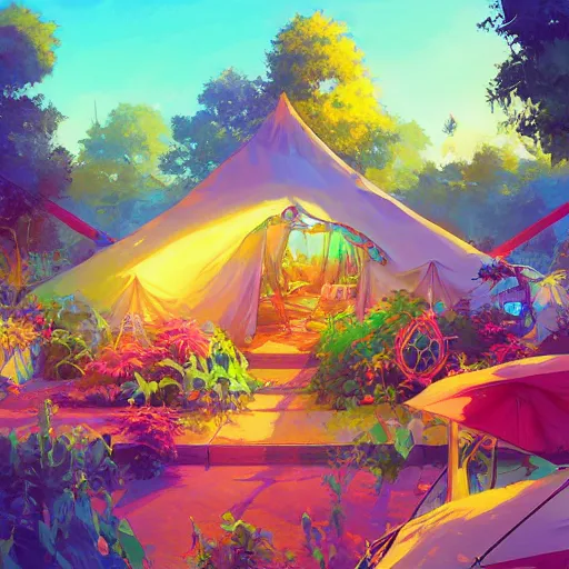 Image similar to hippie bohemian encampment with tie - dye tents and a garden. cyberpunk art by jesper ejsing, by rhads and makoto shinkai and lois van baarle and ilya kuvshinov and rossdraws, cgsociety, panfuturism, nature utopia, anime aesthetic