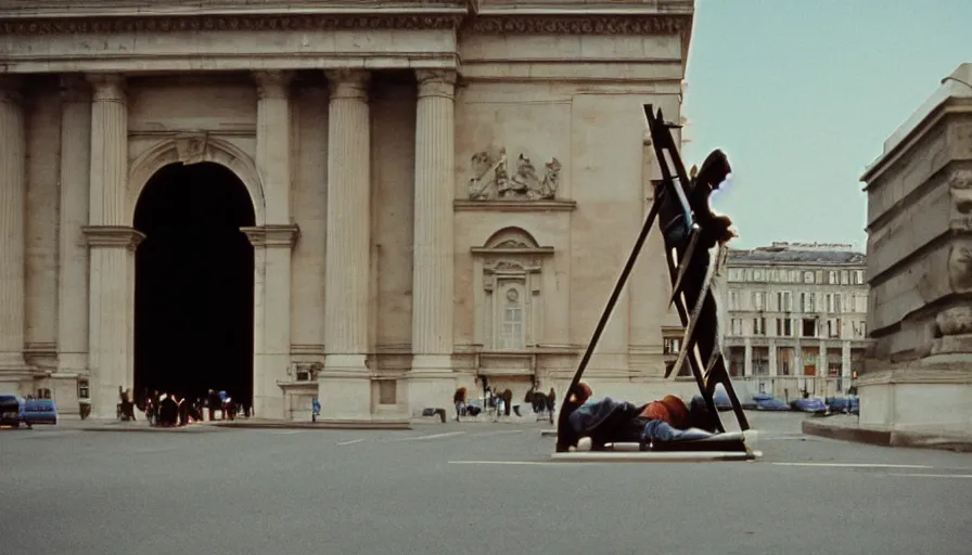 Prompt: 1 9 7 0 s movie still of a guillotine on a great neoclassical square, cinestill 8 0 0 t 3 5 mm, high quality, heavy grain, high detail, cinematic composition, dramatic light, anamorphic, ultra wide lens, hyperrealistic