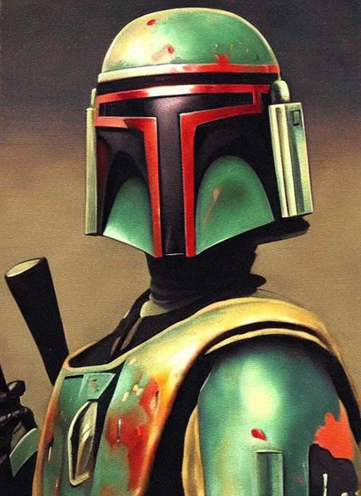Image similar to boba fett ( mandalorian from star wars ) in a samurai japanese version, very detailed oil painting, dark and realistic, japanese art art