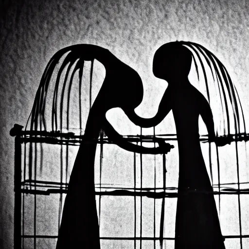 Image similar to photo of two shadowy figures hugging each other, they are in a birdcage, paint is falling off, black and white, 5 0 mm, dark