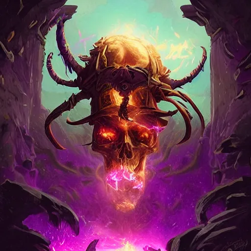 Image similar to flying skulls with violet fire trails, two fangs, violet theme, epic fantasy digital art style, fantasy artwork, by Greg Rutkowski, fantasy hearthstone card art style