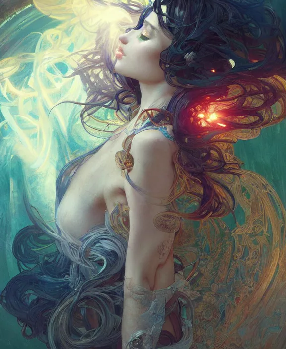 Image similar to a whirlwind of souls ushing inside the metaverse, half body, glowin eyes, d d, fantasy, intricate, elegant, highly detailed, colorful, vivid color, digital painting, artstation, concept art, art by artgerm and greg rutkowski and alphonse mucha and ruan jia