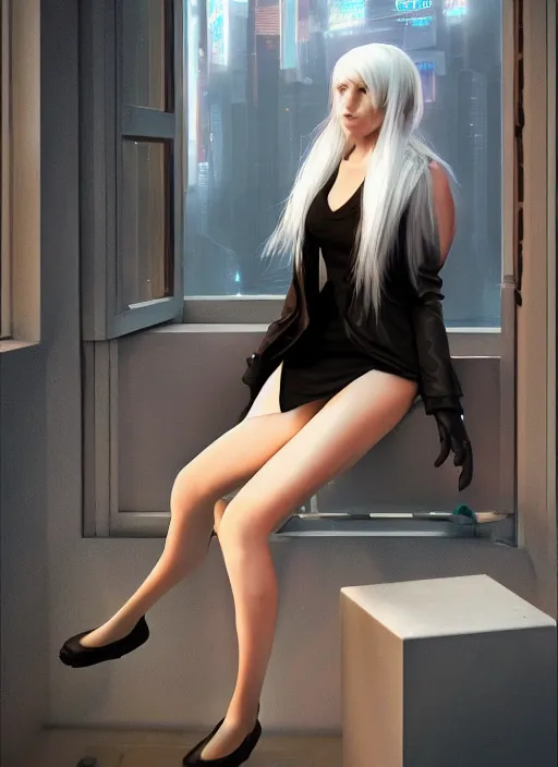 Prompt: white haired girl in a miniskirt sitting on a window, cyberpunk, expressive oil painting, night, highly detailed, trending on artstation, octane render, beautiful detailed face, vivid colors