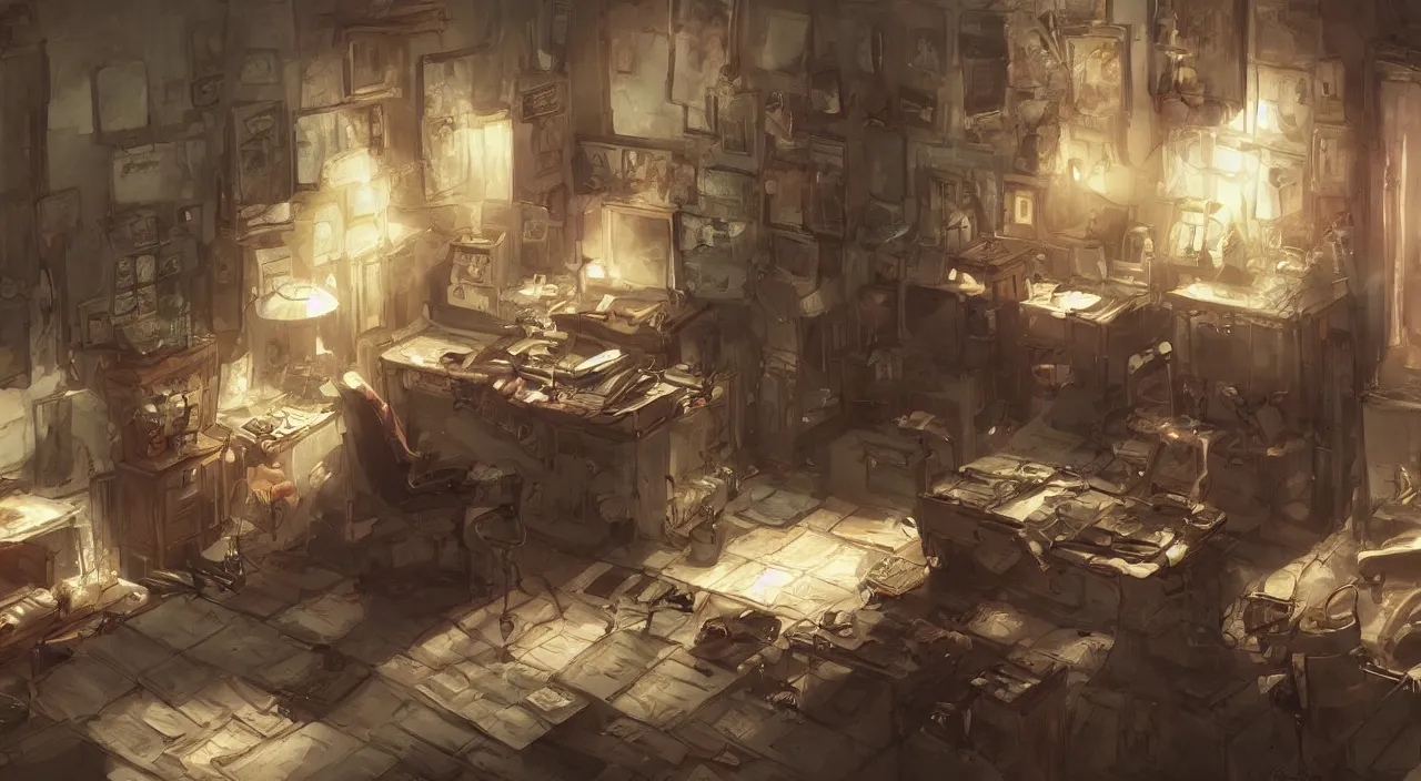 Prompt: The Room of a Plagiarist Musician, game concept art by Akihiko Yoshida, trending on artstation and cgsociety