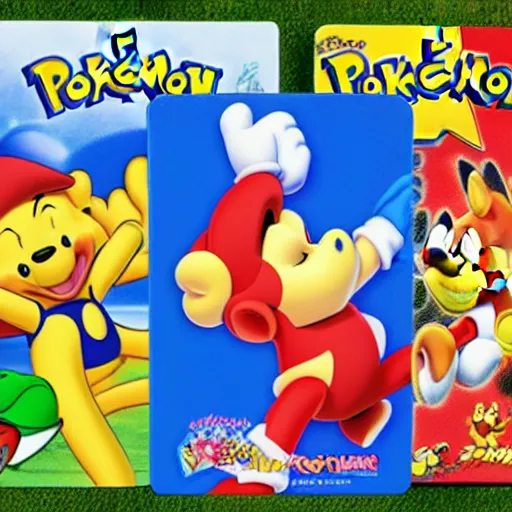 Image similar to photograph of winnie the pooh and super mario and sonic the hedgehog anime style, on pokemon card packs at target