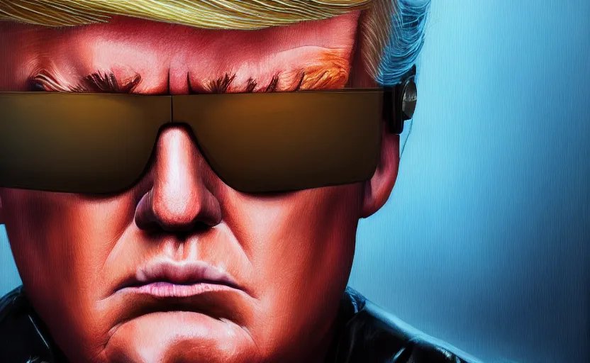 Prompt: closeup painting of donald trump, cyberpunk, wearing light blue shutter shades and a dark brown leather jacket, portrait, hyperdetailed, artstation, cgsociety, 8 k, synthwave by tangerine dream