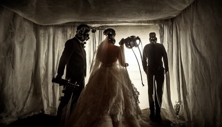 Image similar to disturbing big budget hollywood movie bride and groom wearing gas masks at the marriage of reason and squalor perfect composition dramatic lighting chiaroscuro