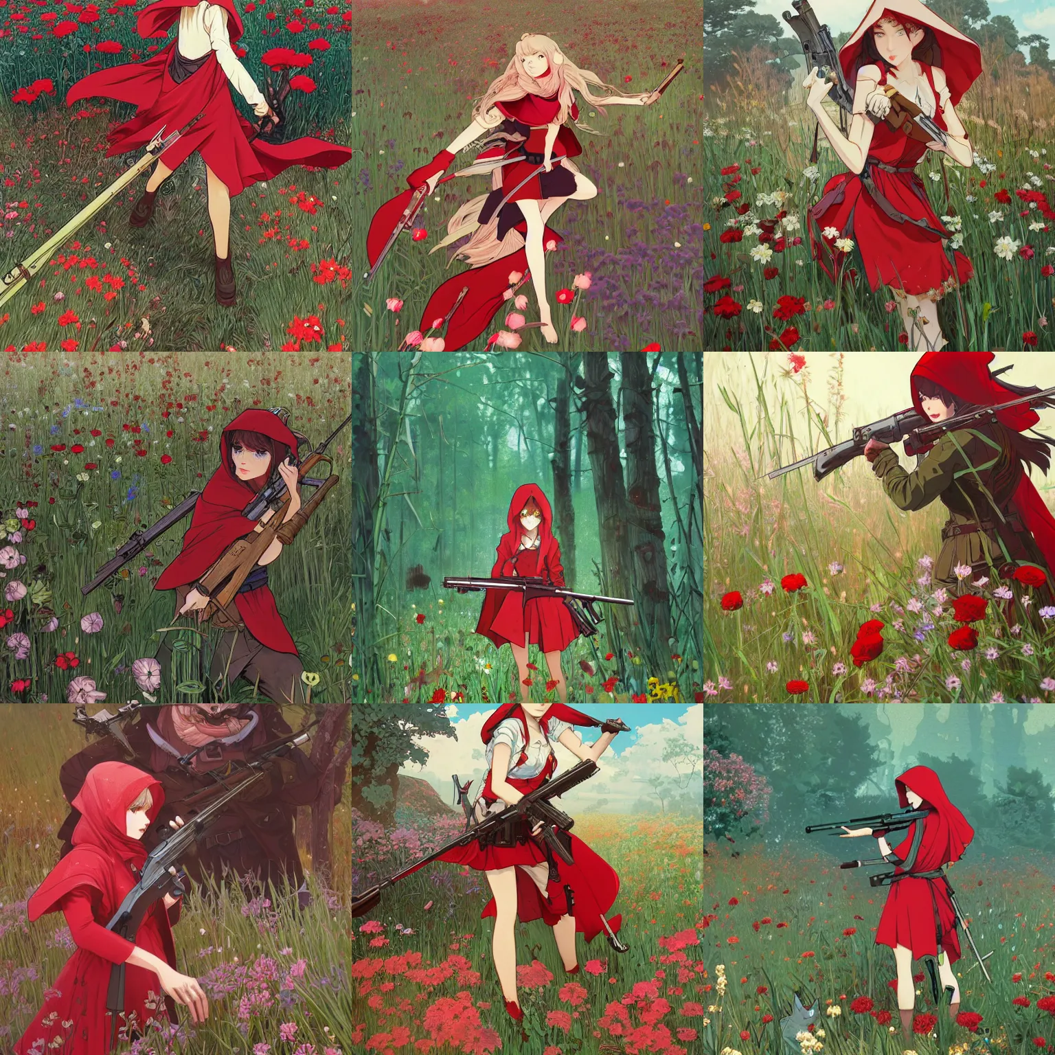 Prompt: Red Riding Hood battling the Big Bad Wolf with a rifle in a field of flowers, fantasy, highly detailed, artstation, digital illustration, concept art, by Kyoto Animation and Studio Ghibli, by Ilya Kuvshinov and Alphonse Mucha