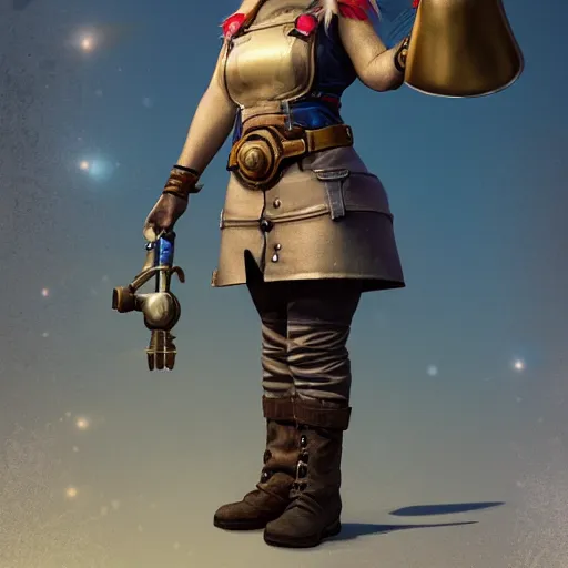 Prompt: extremely realistic portrait of a real life female gnome mechanic artificer character, one prosthetic arm metallic gauntlet, standing on a boat with naval background, trending on artstation, heroic pose, highly detailed, 8k