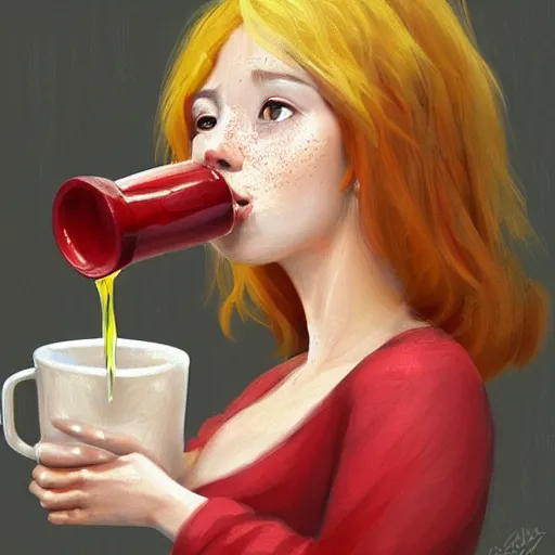 Prompt: epic portrait a drunk women drinking honey from a big wooden cup, Red nose, freckles, beauty, pretty face, glossy skin, red bang hair, white blouse with short sleeves, digital painting, artstation, concept art, soft light, hdri, smooth, sharp focus, illustration, fantasy, intricate, elegant, highly detailed, D&D, matte painting, in the style of Greg Rutkowski and Alphonse Mucha and artemisia, 8k, highly detailed, jurgens, rutkowski, bouguereau, pastoral, rustic, georgic