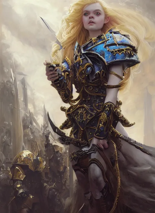 Image similar to Elle Fanning a Warhammer 40k paladin, glorious LONG BLOND hair, by Ivan Aivakovsky, by Boris Vallejo, epic fantasy character art, D&D Concept Art, full length, Realistic, Regal, Refined, Detailed Digital Art, Oil Paining, Exquisite detail, post-processing, masterpiece, Cinematic Lighting, Unreal Engine, 8k, HD