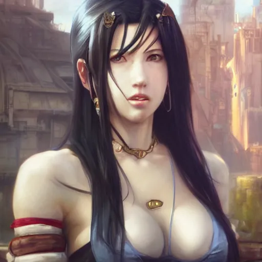 Prompt: a portrait painting of tifa from final fantasy 7, midgard steam punk city as backdrop, by greg rutkowski, artgerm, wlop, ruan jia, krenz cushart, alphonse mucha, marble, gold, unreal engine 5