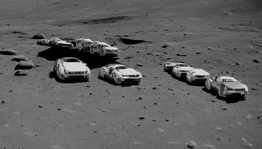 Image similar to a group of audi cars on the moon, wide angle shot