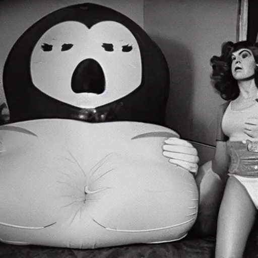 Image similar to bored housewife meets a sad inflatable toy in a seedy motel room, 1978 color Fellini film, ugly motel room with dirty walls and old furniture, archival footage, technicolor film, 16mm, live action, John Waters, campy and colorful