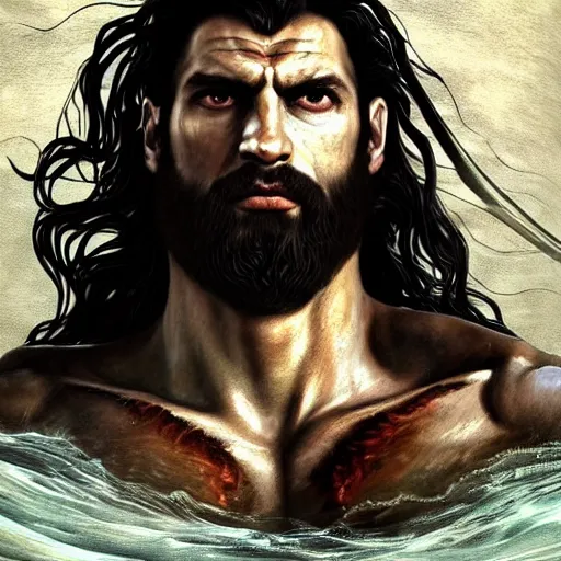 Image similar to painted portrait of rugged godly man in the ocean, god of war, black hair, masculine, powerful, handsome, upper body, white robe, muscular, extremely hairy torso!, fantasy, intricate, scar across eye, highly detailed!!, digital painting!, artstation, concept art, smooth, sharp focus!!!, illustration, art by leonardo da vinci