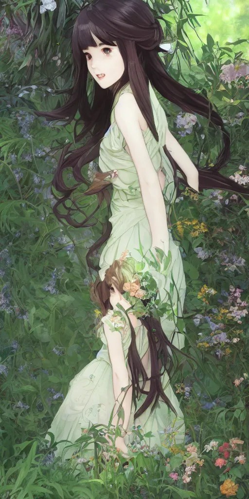 Image similar to a digital art of a loli with long hair in a dark colour dress in the privet garden at after noon, green and warm theme, back lighting, by krenz cushart and mucha and akihito yoshida and greg rutkowski and makoto shinkai, extremely long shot, detailed eyes, 4 k resolution, trending on art station