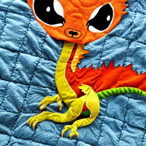 Prompt: adorable dragon in the style of how to train your dragon sitting on a pile of quilts