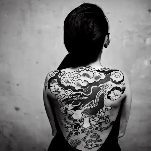 Image similar to photography of the back of a woman with a black detailed irezumi tatto representing a cute caracal on her entire back, dark hangar background, mid-shot, editorial photography
