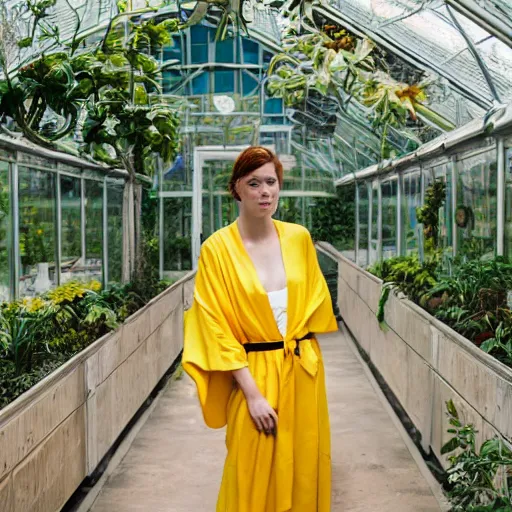 Image similar to medium photo portrait of a young european woman wearing a yellow kimono in a tropical greenhouse