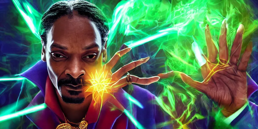 Prompt: snoop dogg as doctor strange, multiple dimensions, green light, marijuana leaves, marijuana, highly detailed, environmental light, cinematic by francis tneh, green magic, 8 k