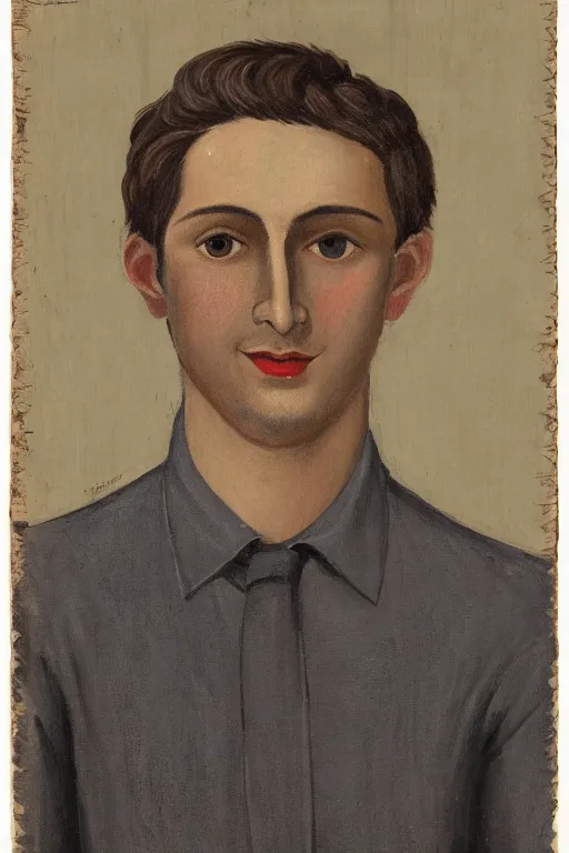 Image similar to A portrait en buste of a man in his twenties, soft round features, oval face, warm skin tone, blue grey eyes, short length wavy dark blond hair, kind smile, bags under eyes, slight stubble, wearing a textured ochre cotton dress shirt rolled at the elbows, fauvisme, art du XIXe siècle, figurative oil on canvas by André Derain, Albert Marquet, Auguste Herbin, Louis Valtat, Musée d'Orsay catalogue