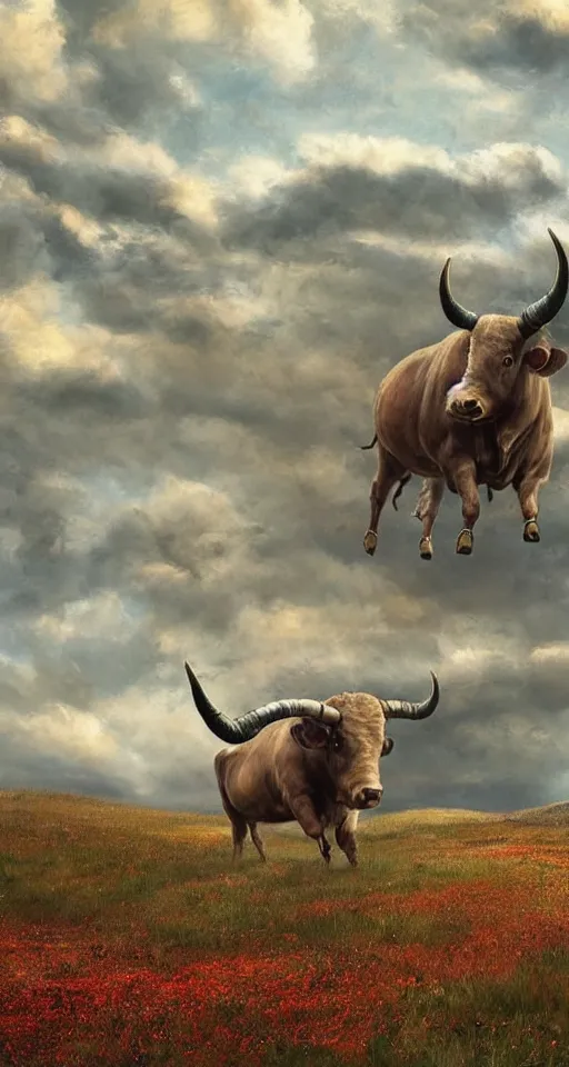 Image similar to a medium shot of a giant bull with horns decorated!!! with bells and ribbons, background is the spiral stairs heading to sky, in the steppe, autumn field, misty background, from the game pathologic 2, highly detailed, sharp focus, matte painting, by rosa bonheur, by isaac levitan and asher brown durand,