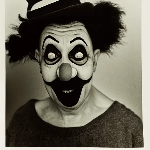 Image similar to portrait of clown by diane arbus, black and white photography