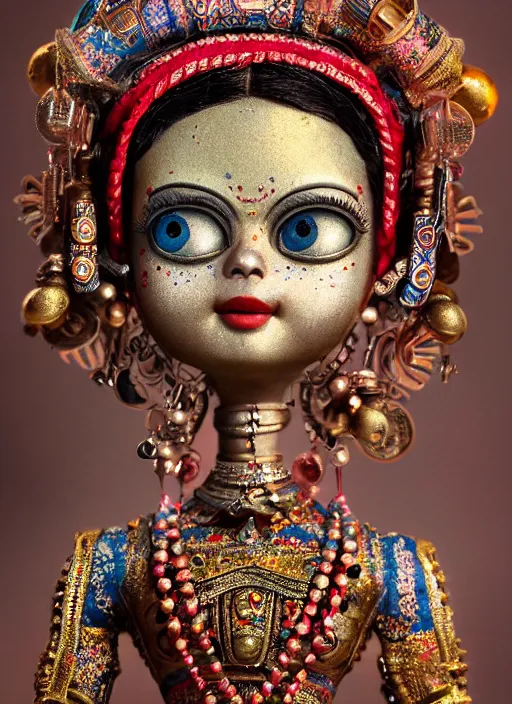 Prompt: closeup portrait of tin toy india sari girl trap, depth of field, zeiss lens, detailed, symmetrical, centered, fashion photoshoot, by nicoletta ceccoli, mark ryden, lostfish, breathtaking, 8 k resolution, extremely detailed, beautiful, establishing shot, artistic, hyperrealistic, octane render