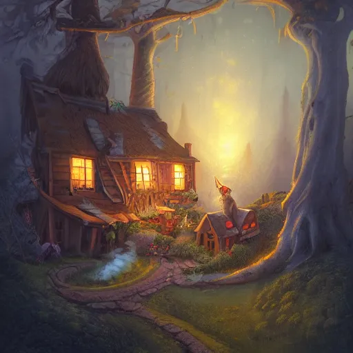 Image similar to a detailed illustration idyllic the house with smoke coming out of the chimney in the forest scene by Justin Gerard, trending on artstation, cgsociety, deviantart