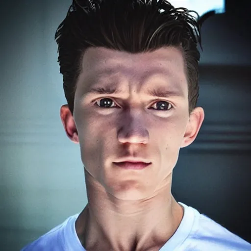 Prompt: “a realistic detailed photo of a guy who is an terminator, who is a male android, Tom Holland, shiny skin, posing like a statue, blank stare”